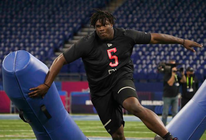 Mar 5, 2022; Indianapolis, IN, USA; Georgia defensive lineman Jordan Davis (DL05) goes through drills during the 2022 NFL Scouting Combine at Lucas Oil Stadium. Mandatory Credit: Kirby Lee-USA TODAY Sports